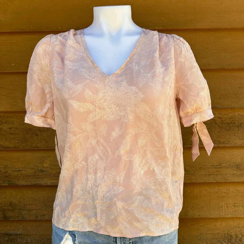 Madewell Light Pink Silk Coral V-Neck Floral Print Blouse Shirt Size S - Picture 1 of 9